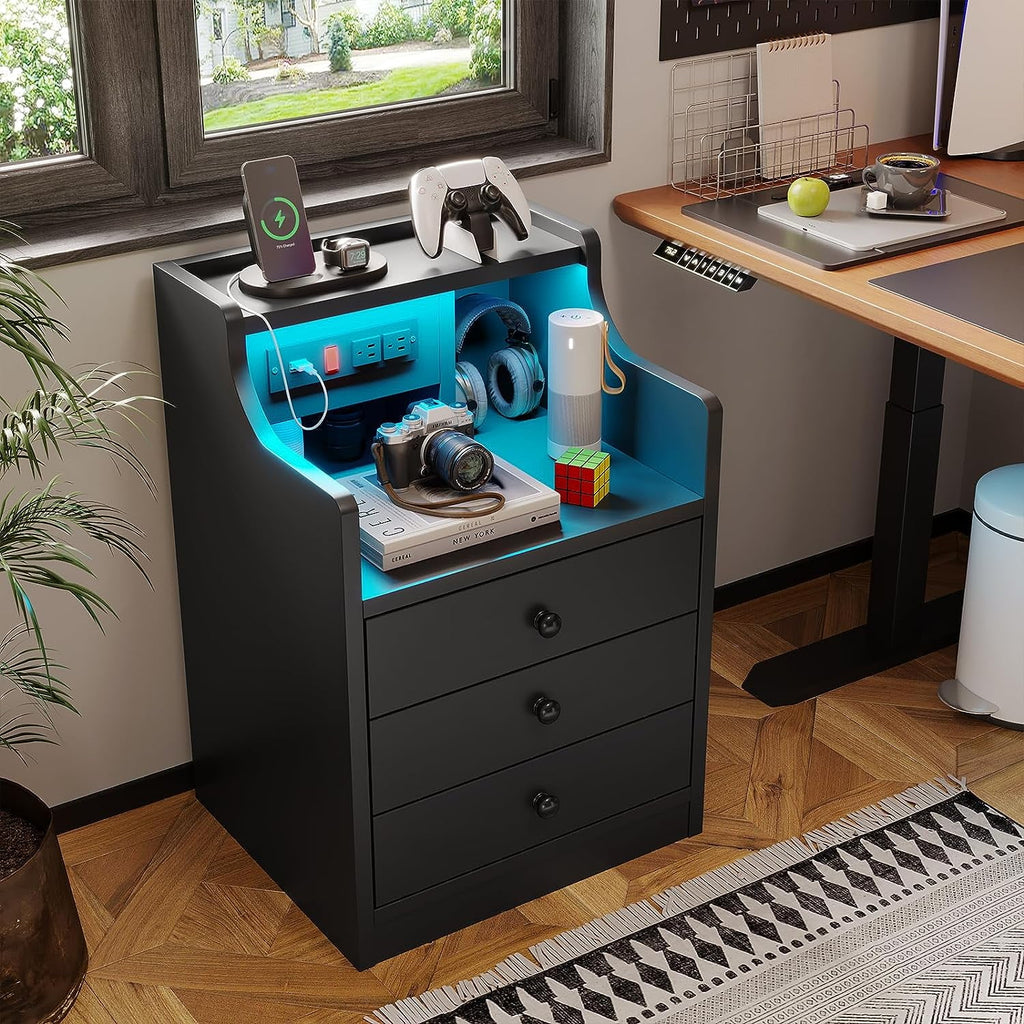 Nightstand with 3 Drawers and Shelves,Night Stand with LED Lights and USB Port Charging Station,Led Bedside Table with Hutch,Black