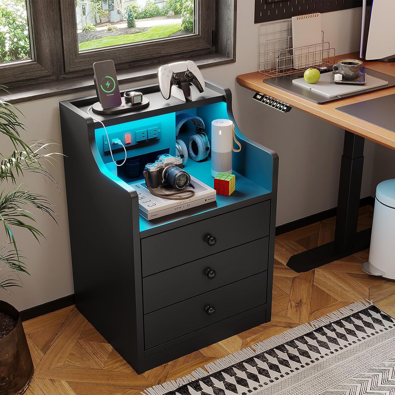 Nightstand with 3 Drawers and Shelves,Night Stand with LED Lights and USB Port Charging Station,Led Bedside Table with Hutch,Black