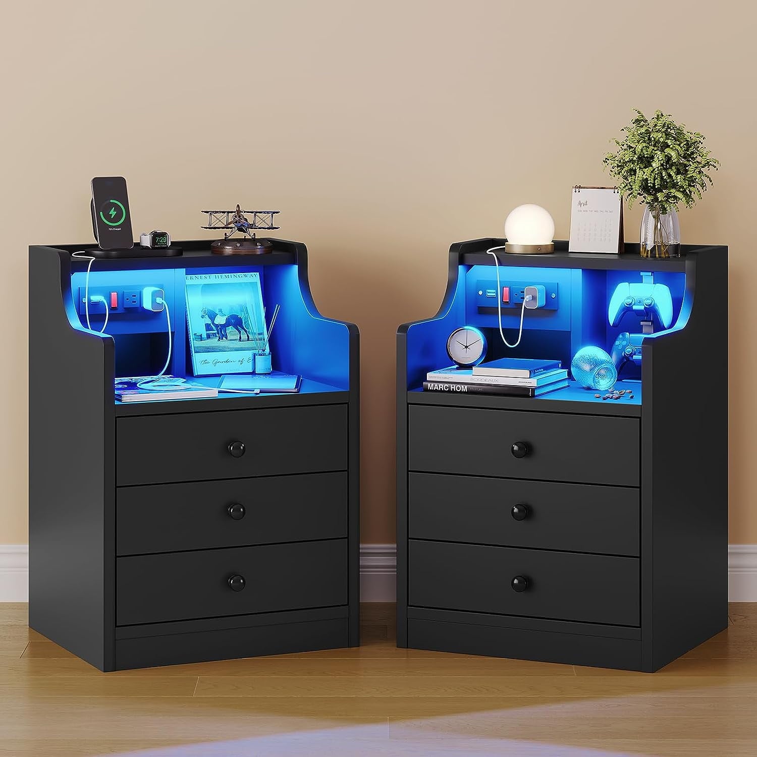 Nightstand with 3 Drawers and Shelves,Night Stand with LED Lights and USB Port Charging Station,Led Bedside Table with Hutch,Black