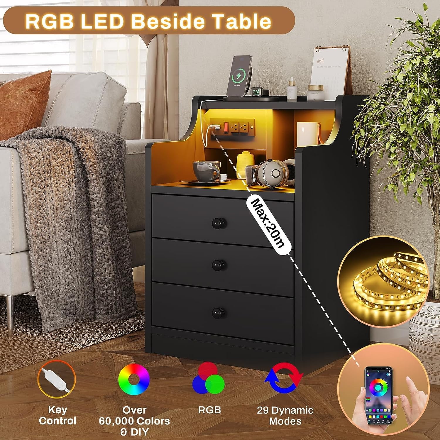 Nightstand with 3 Drawers and Shelves,Night Stand with LED Lights and USB Port Charging Station,Led Bedside Table with Hutch,Black