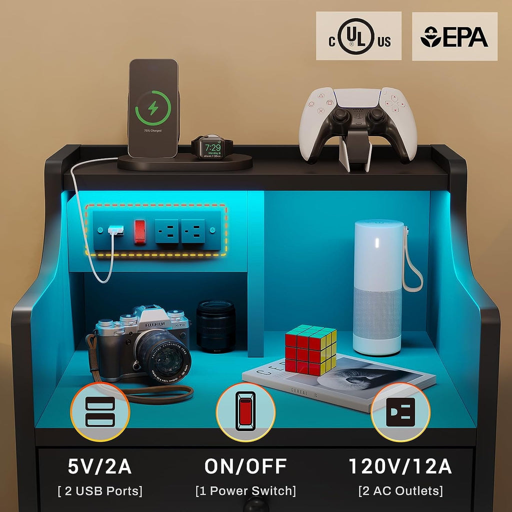 Nightstand with 3 Drawers and Shelves,Night Stand with LED Lights and USB Port Charging Station,Led Bedside Table with Hutch,Black