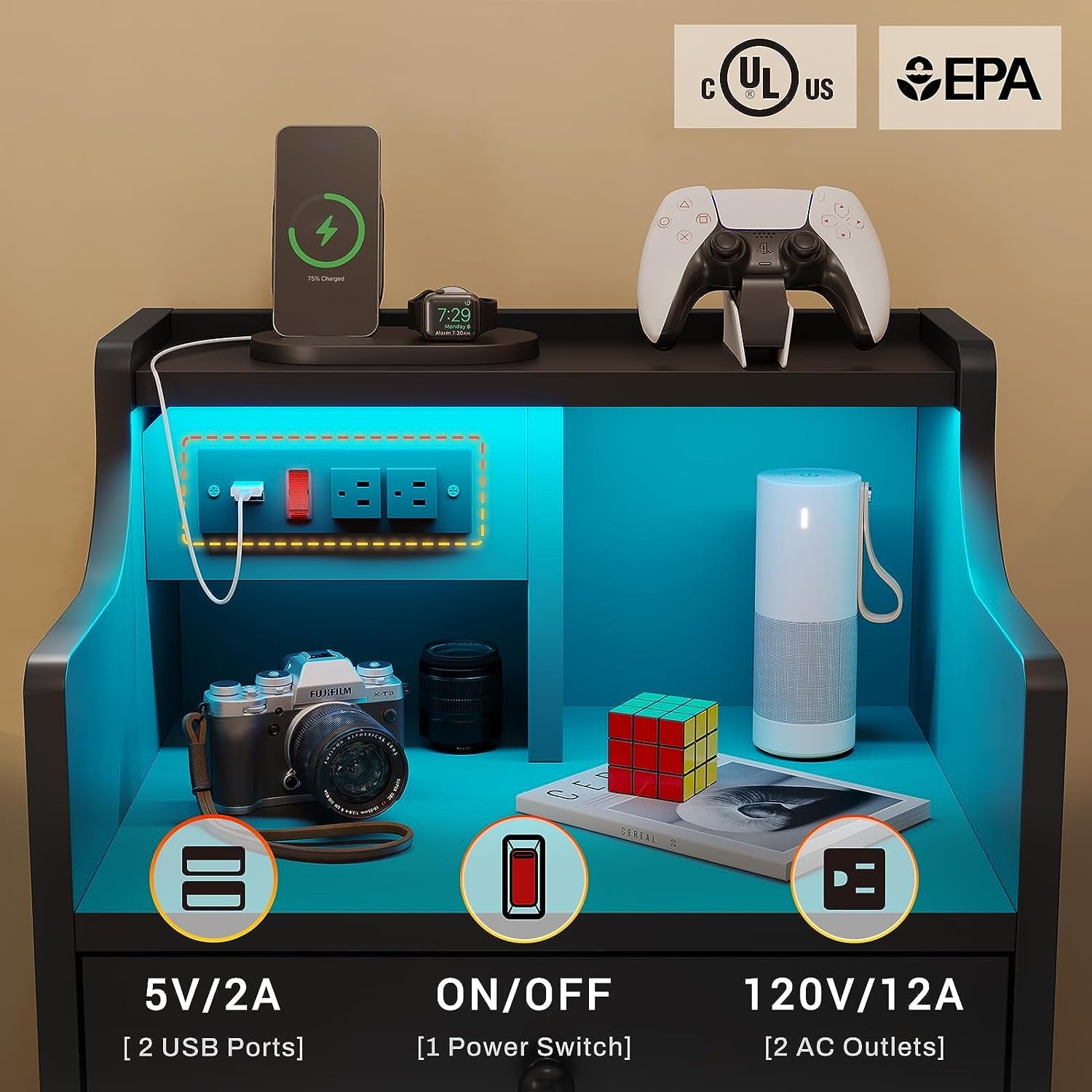 Nightstand with 3 Drawers and Shelves,Night Stand with LED Lights and USB Port Charging Station,Led Bedside Table with Hutch,Black